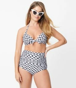 Swimwear Unique Vintage Black & White Gingham Monroe Halter Swim Top