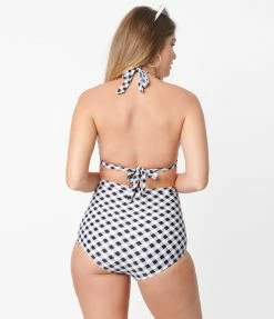 Swimwear Unique Vintage Black & White Gingham Monroe Halter Swim Top