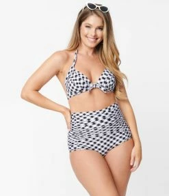 Swimwear Unique Vintage Black & White Gingham Monroe Halter Swim Top