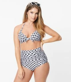 Swimwear Unique Vintage Black & White Gingham Monroe Halter Swim Top