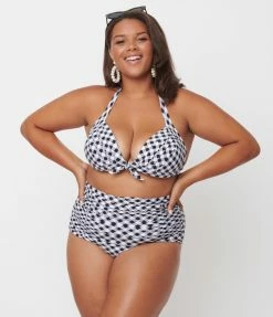 Unique Vintage Plus Size Black & White Gingham Monroe High Waist Swim Bottom