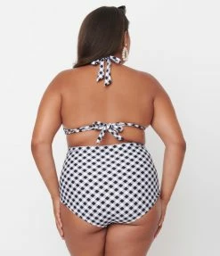 Unique Vintage Plus Size Black & White Gingham Monroe High Waist Swim Bottom
