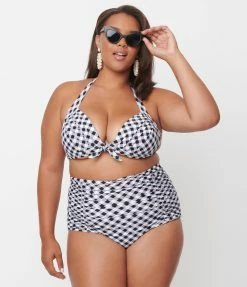 Unique Vintage Plus Size Black & White Gingham Monroe High Waist Swim Bottom
