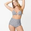 Unique Vintage Black & White Gingham Monroe High Waist Swim Bottom Swimwear