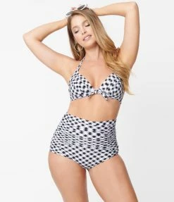 Unique Vintage Black & White Gingham Monroe High Waist Swim Bottom Swimwear