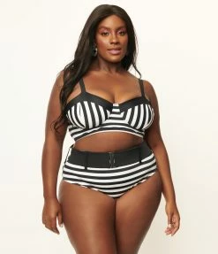 Unique Vintage Plus Size Black & White Stripe Belted Sunsational Swim Bottom