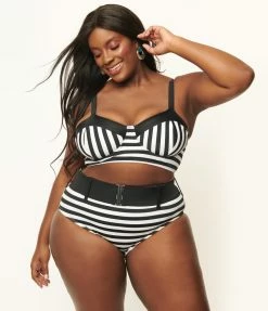 Unique Vintage Plus Size Black & White Stripe Belted Sunsational Swim Bottom