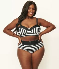 Unique Vintage Plus Size Black & White Stripe Belted Sunsational Swim Bottom