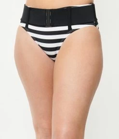 Swimwear Unique Vintage Black & White Stripe Belted Sunsational Swim Bottom