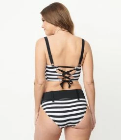 Swimwear Unique Vintage Black & White Stripe Belted Sunsational Swim Bottom