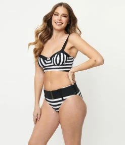 Swimwear Unique Vintage Black & White Stripe Belted Sunsational Swim Bottom