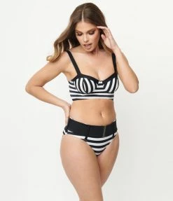 Swimwear Unique Vintage Black & White Stripe Belted Sunsational Swim Bottom