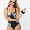 Unique Vintage Black & White Stripe Pin-Up Clemente Swimsuit Swimwear