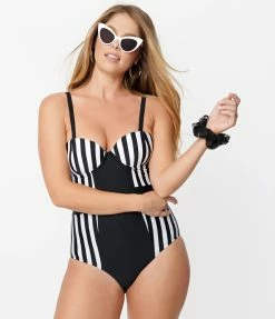 Unique Vintage Black & White Stripe Pin-Up Clemente Swimsuit Swimwear