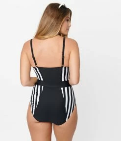 Unique Vintage Black & White Stripe Pin-Up Clemente Swimsuit Swimwear