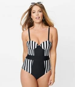 Unique Vintage Black & White Stripe Pin-Up Clemente Swimsuit Swimwear