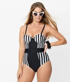 Unique Vintage Black & White Stripe Pin-Up Clemente Swimsuit Swimwear