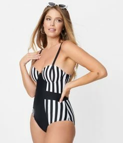 Unique Vintage Black & White Stripe Pin-Up Clemente Swimsuit Swimwear