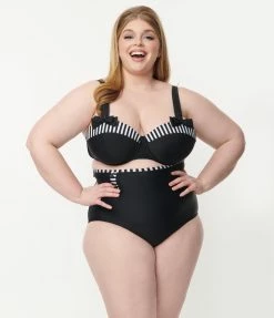 Unique Vintage Plus Size Black High Waist Hatteras Swim Bottom