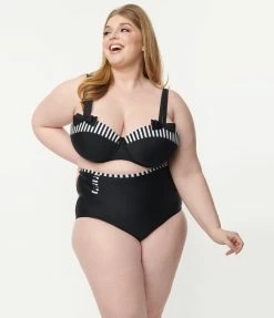 Unique Vintage Plus Size Black High Waist Hatteras Swim Bottom