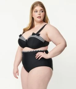 Unique Vintage Plus Size Black High Waist Hatteras Swim Bottom
