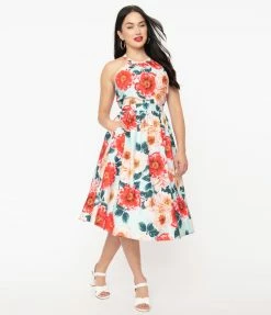Sale Unique Vintage Mint & Pink Floral Lombard Swing Dress