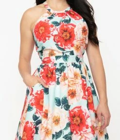 Sale Unique Vintage Mint & Pink Floral Lombard Swing Dress