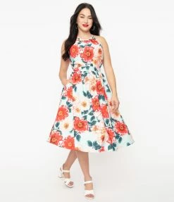 Sale Unique Vintage Mint & Pink Floral Lombard Swing Dress