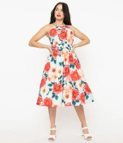 Sale Unique Vintage Mint & Pink Floral Lombard Swing Dress