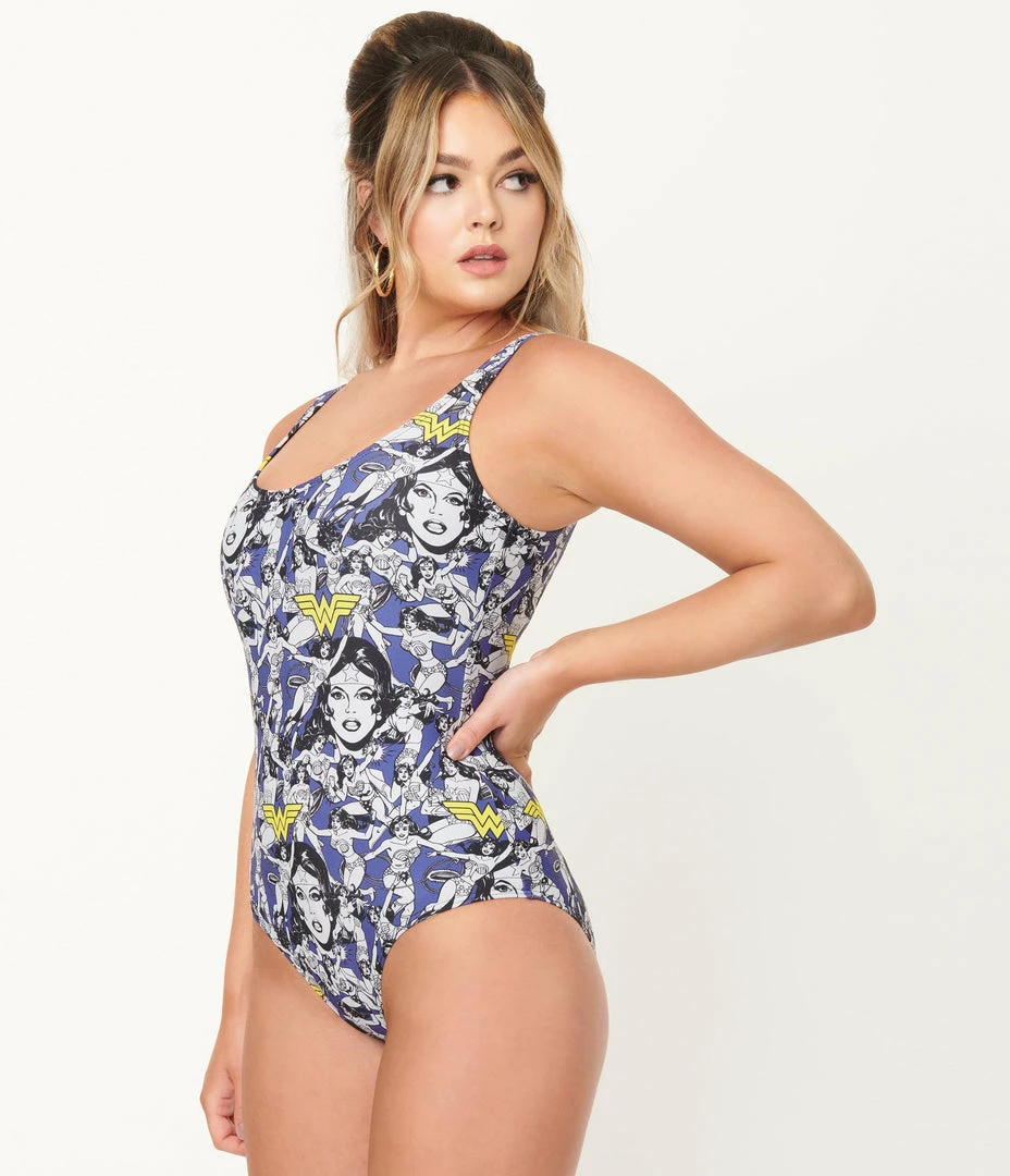 Swimwear DC Comics X Unique Vintage Wonder Woman All Over Print Huntington Swimsuit