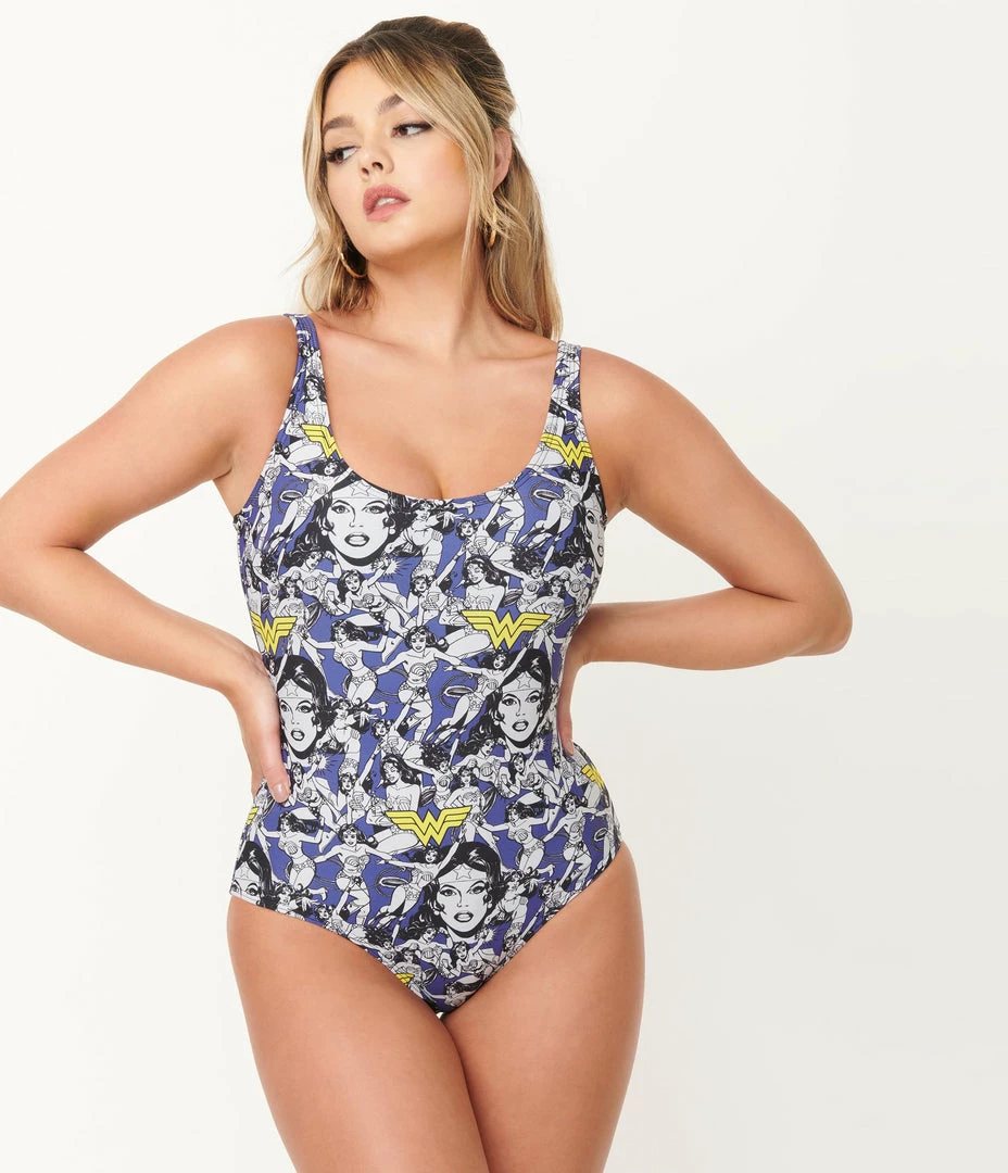 Swimwear DC Comics X Unique Vintage Wonder Woman All Over Print Huntington Swimsuit