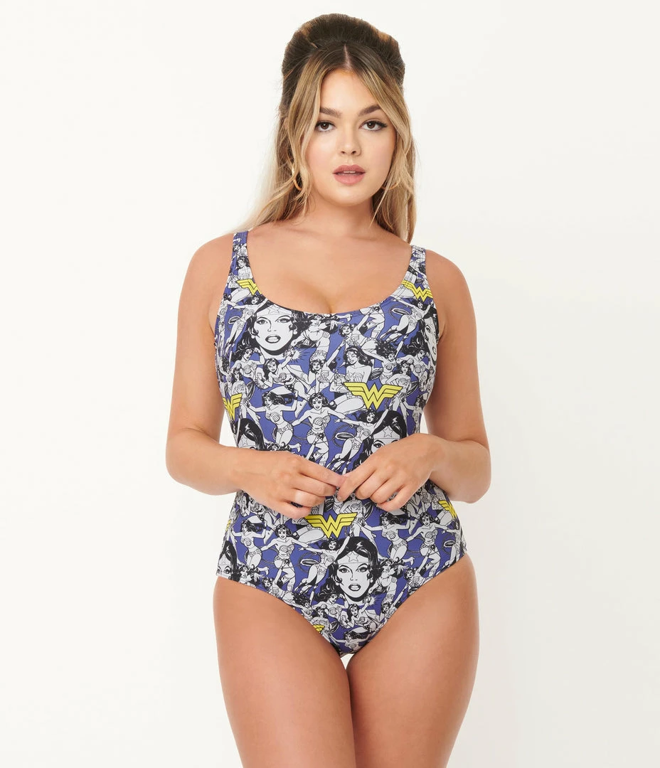 Swimwear DC Comics X Unique Vintage Wonder Woman All Over Print Huntington Swimsuit