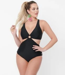 Unique Vintage Black Fresh Cut One Piece Swimsuit Swimwear