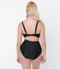 Unique Vintage Black Fresh Cut One Piece Swimsuit Swimwear