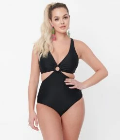 Unique Vintage Black Fresh Cut One Piece Swimsuit Swimwear