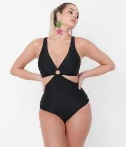 Unique Vintage Black Fresh Cut One Piece Swimsuit Swimwear