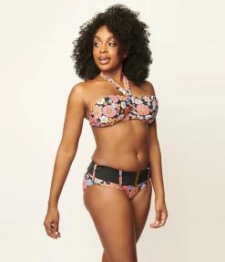 Unique Vintage Pink & Blue Floral Print Forever Glam Swim Top Swimwear
