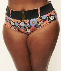 Swimwear Unique Vintage Plus Size Pink & Blue Floral Print Belted Sunsational Swim Bottom