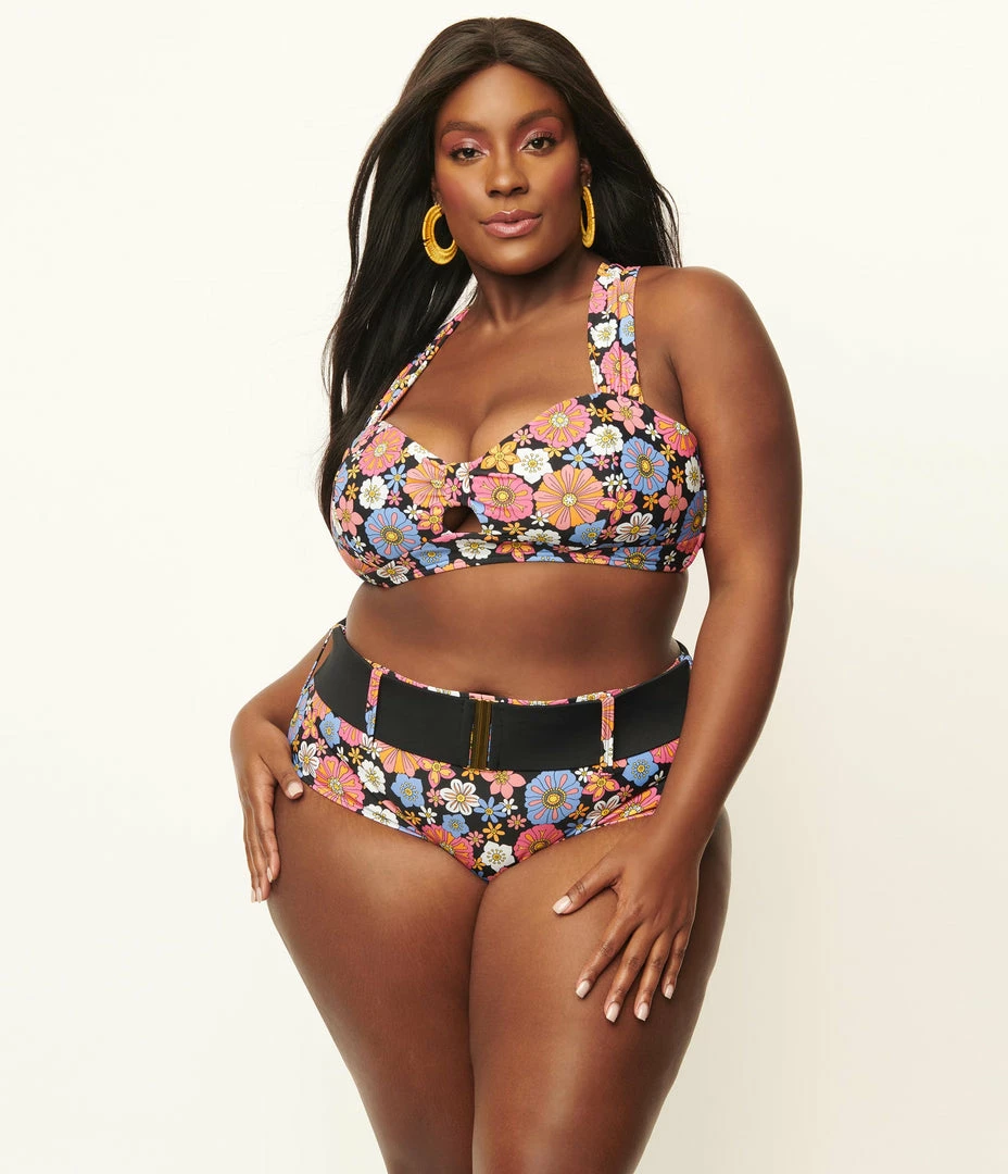 Swimwear Unique Vintage Plus Size Pink & Blue Floral Print Belted Sunsational Swim Bottom