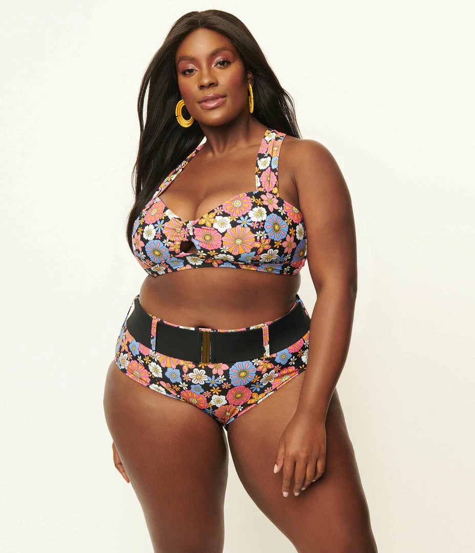 Swimwear Unique Vintage Plus Size Pink & Blue Floral Print Belted Sunsational Swim Bottom