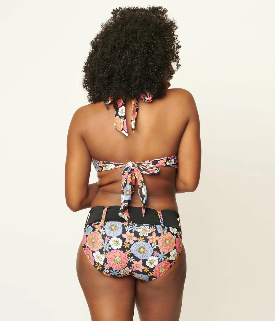 Swimwear Unique Vintage Pink & Blue Floral Print Belted Sunsational Swim Bottom