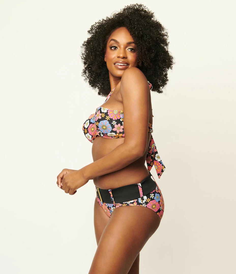 Swimwear Unique Vintage Pink & Blue Floral Print Belted Sunsational Swim Bottom