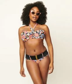 Swimwear Unique Vintage Pink & Blue Floral Print Belted Sunsational Swim Bottom