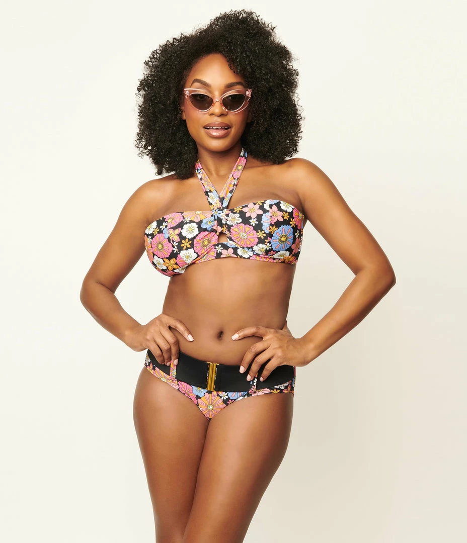 Swimwear Unique Vintage Pink & Blue Floral Print Belted Sunsational Swim Bottom