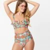 Unique Vintage Turquoise & Pink Floral Print Cape May Swim Bottom