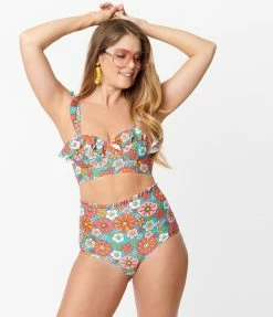 Unique Vintage Turquoise & Pink Floral Print Cape May Swim Bottom