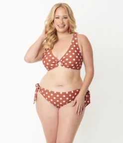 Unique Vintage Plus Size Rust & White Polka Dot Give Us A Ring Swim Top