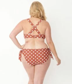 Unique Vintage Plus Size Rust & White Polka Dot Give Us A Ring Swim Top
