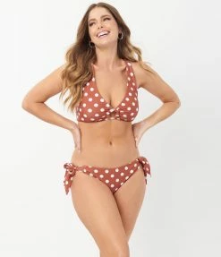 Unique Vintage Rust & White Polka Dot Give Us A Ring Swim Top Swimwear