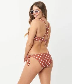 Unique Vintage Rust & White Polka Dot Give Us A Ring Swim Top Swimwear